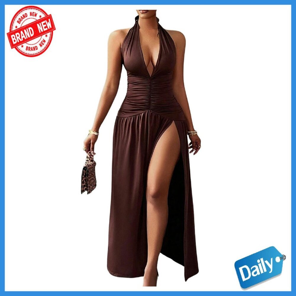Sheer Ruched Halter Maxi Dress with High Slit, Polyester, Formal